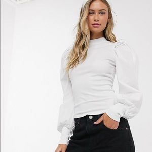 Poplin Puff Sleeve Ribbed High Neck top blouse white size 8 medium ASOS